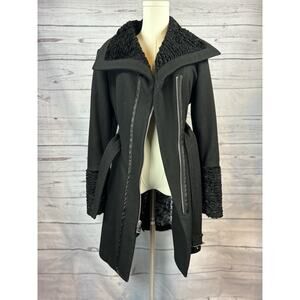 GUESS Womens Wool Blend Faux Fur Trim Belted Coat Medium Black Zip Jacket